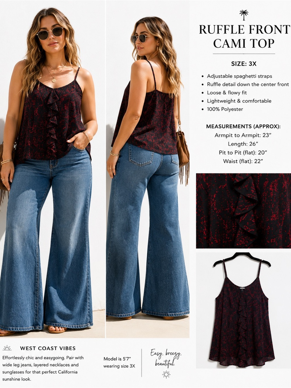 Women's Black & Red Ruffle Front Flare Top